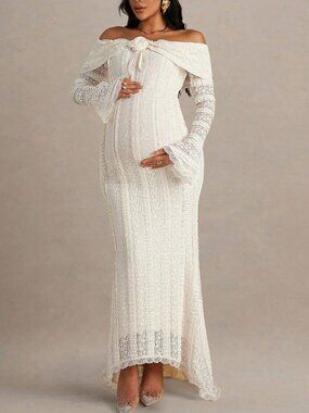 Apricot Off-Shoulder Long Sleeve Flare Lace Patchwork Women's Maternity Dress